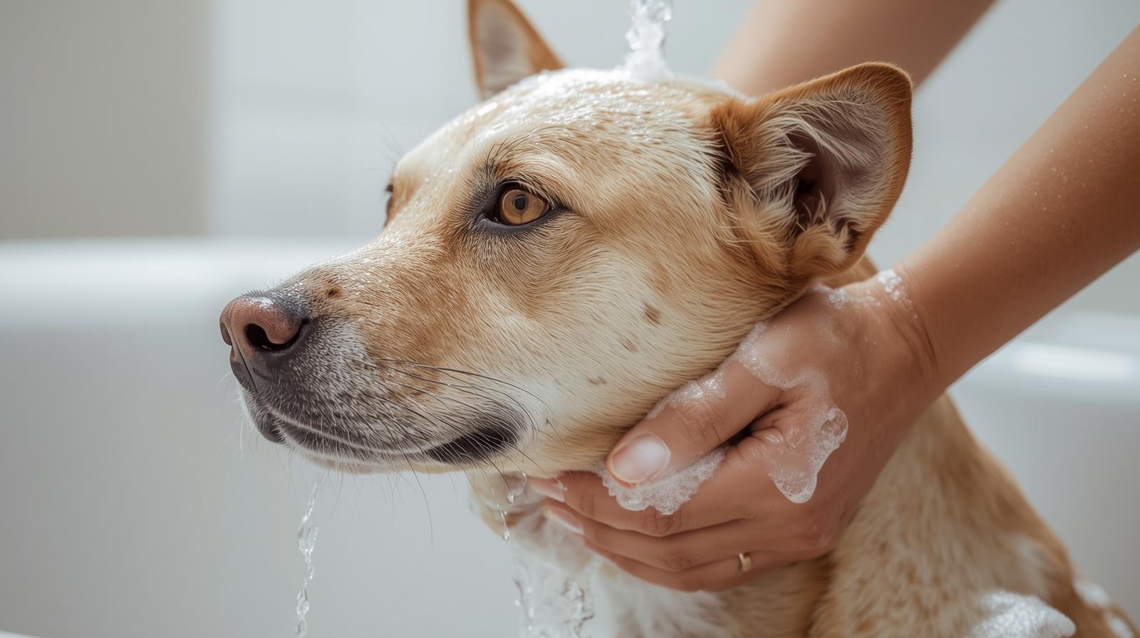 Hond wordt gewassen met speciale hondenshampoo in een professionele trimsalon